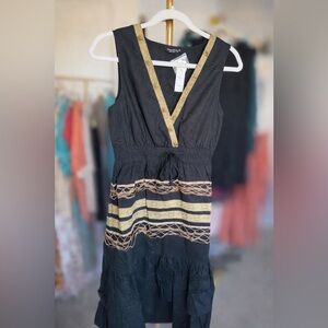 Black Midi Dress with Gold Trim and Lace Accents